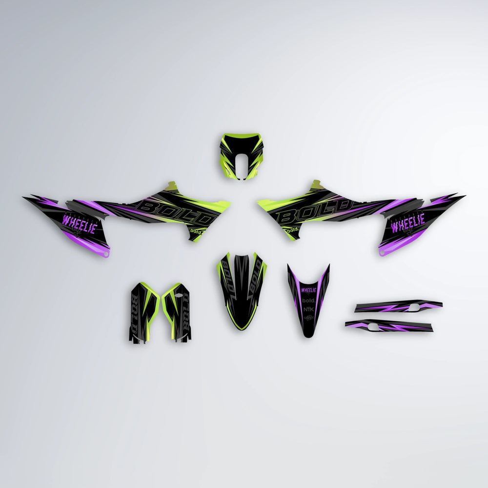 STORM Stark Varg MX graphics kit parts layout in Purple & Yellow