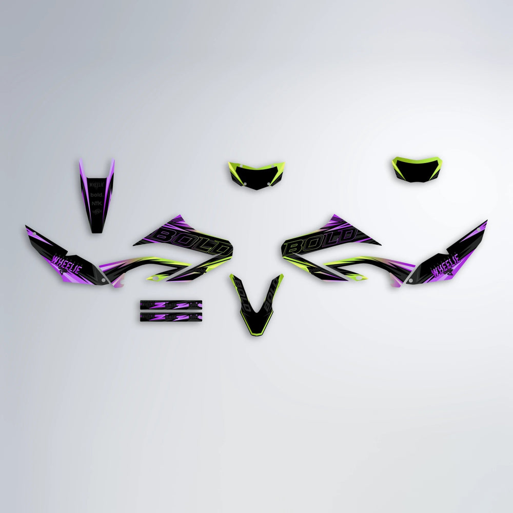 STORM Yamaha WR 125X graphics kit parts layout in Purple & Yellow