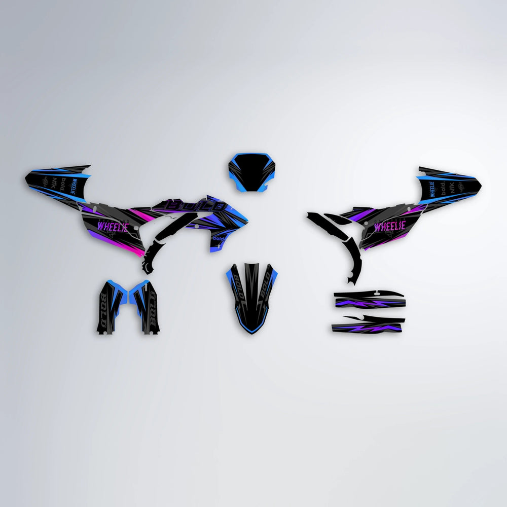 STORM Yamaha YZF MX graphics kit parts layout in Blue Purple Fade