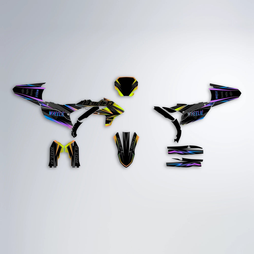 STORM Yamaha YZF SM graphics kit parts layout in Purple & Yellow