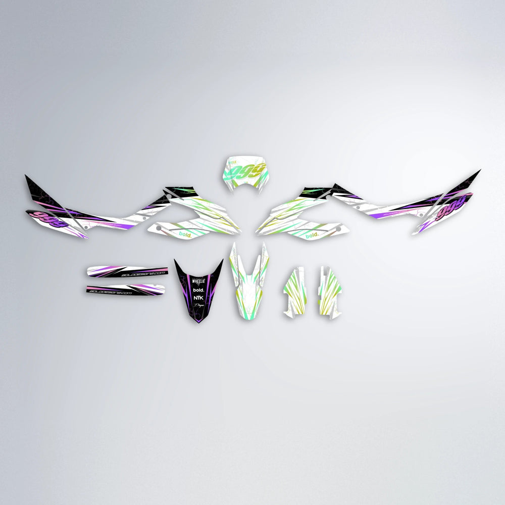 SUNRISE Aprilia SX 125 graphics kit parts layout in Purple & Yellow
