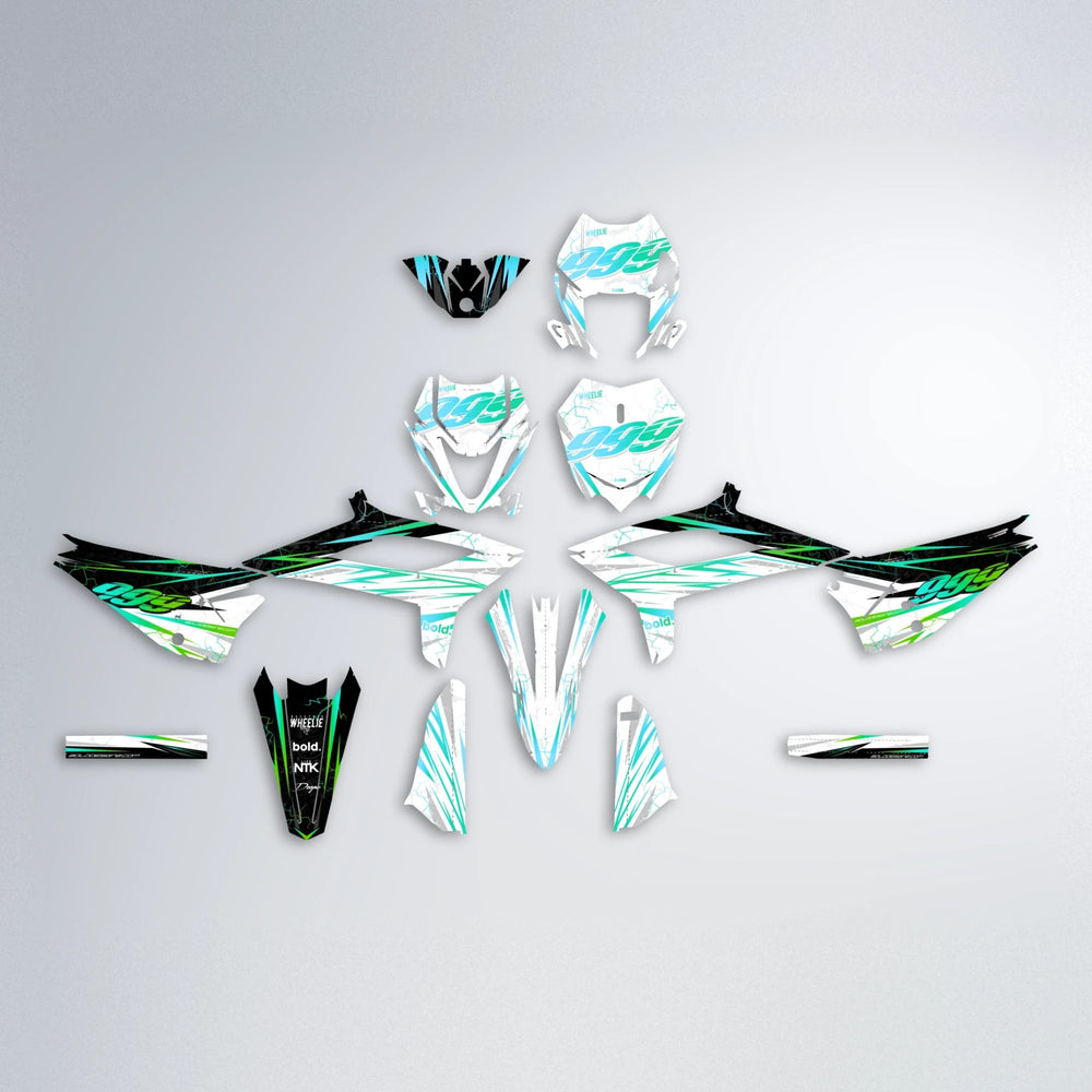 SUNRISE Beta graphics kit parts layout in Cyan & Green