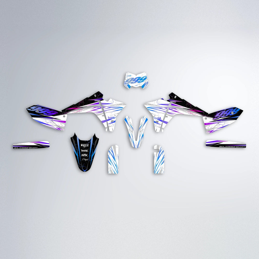 SUNRISE Fantic graphics kit parts layout in Blue Purple Fade