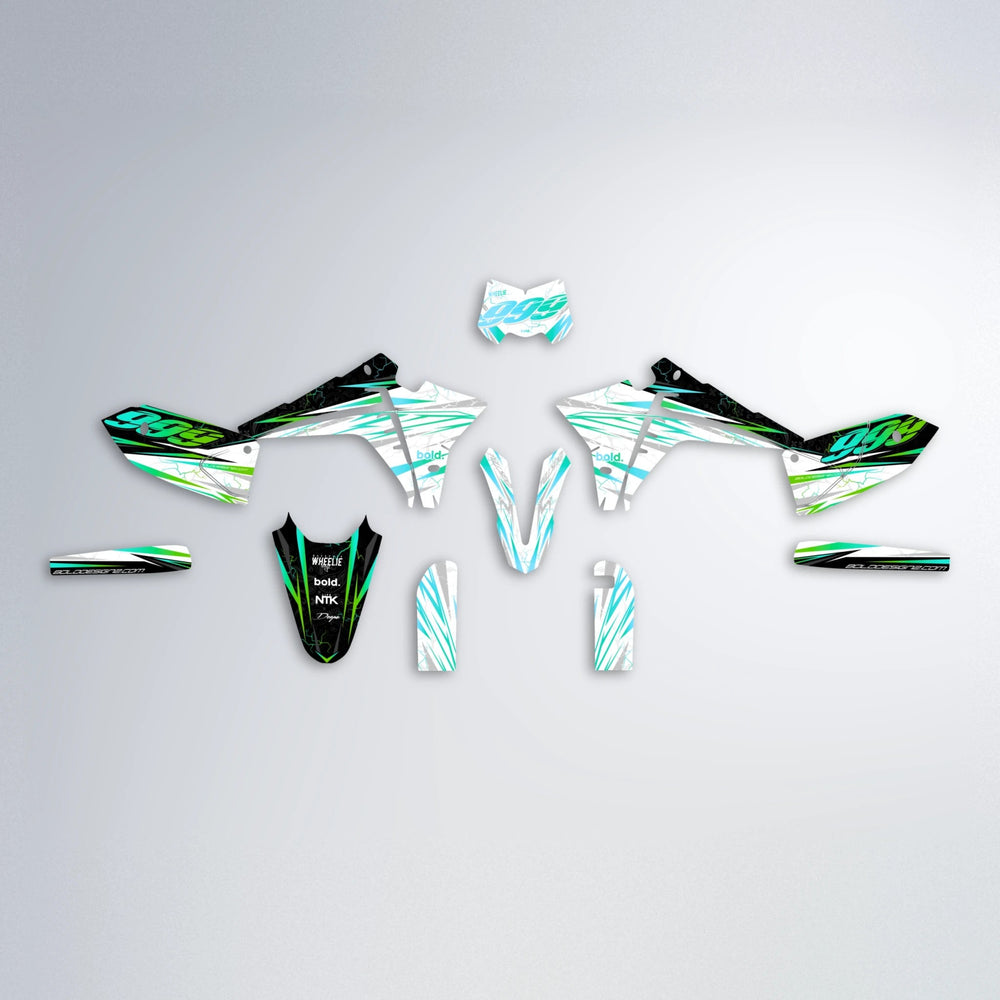 SUNRISE Fantic graphics kit parts layout in Cyan & Green