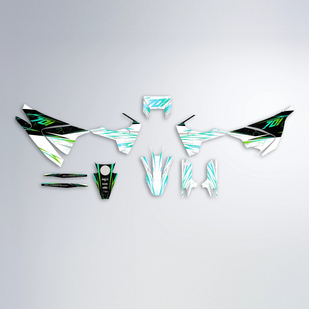 SUNRISE Husqvarna 701 graphics kit parts layout in Cyan & Green