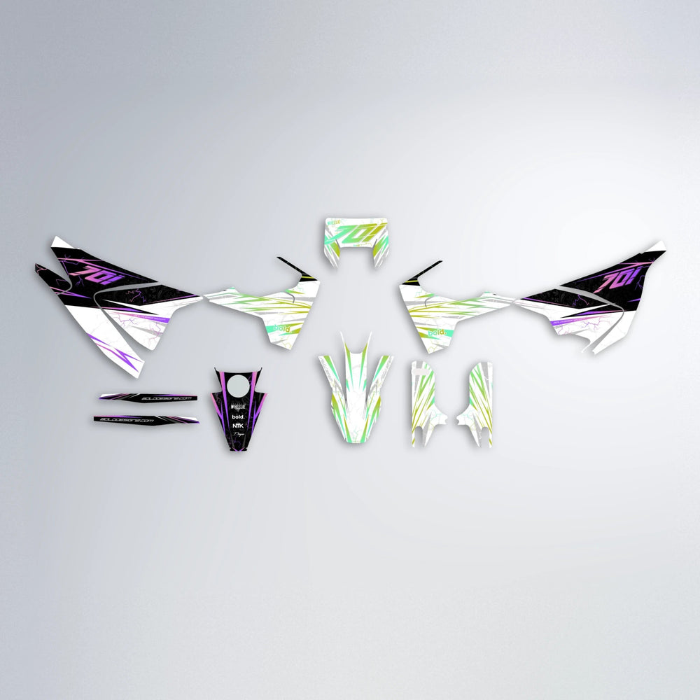 SUNRISE Husqvarna 701 graphics kit parts layout in Purple & Yellow