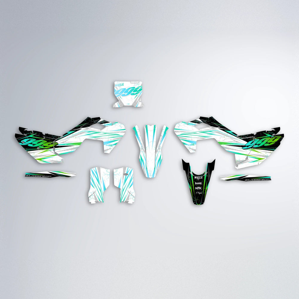 SUNRISE Husqvarna FE/TE graphics kit parts layout in Cyan & Green