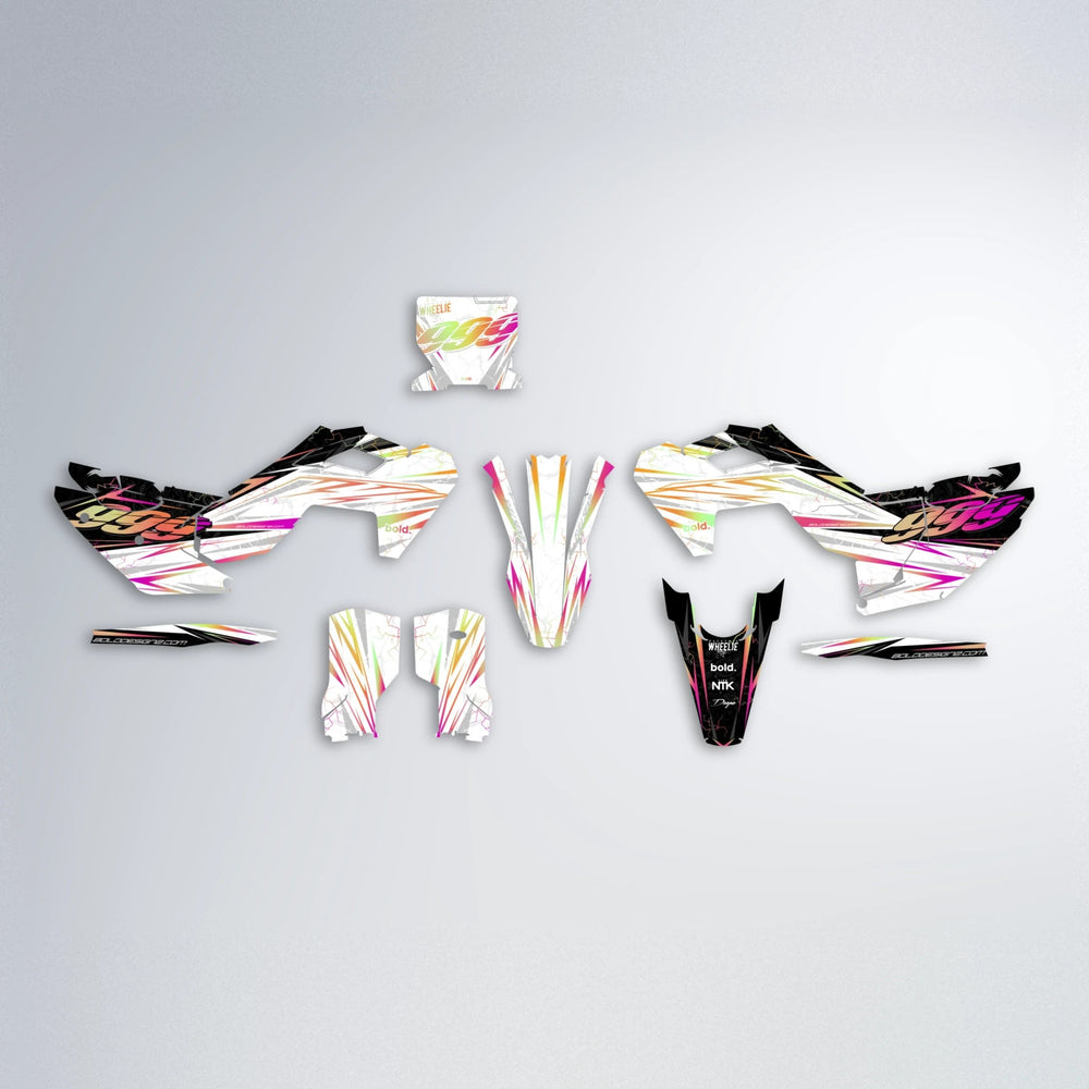 SUNRISE Husqvarna FE/TE graphics kit parts layout in Pink & Yellow