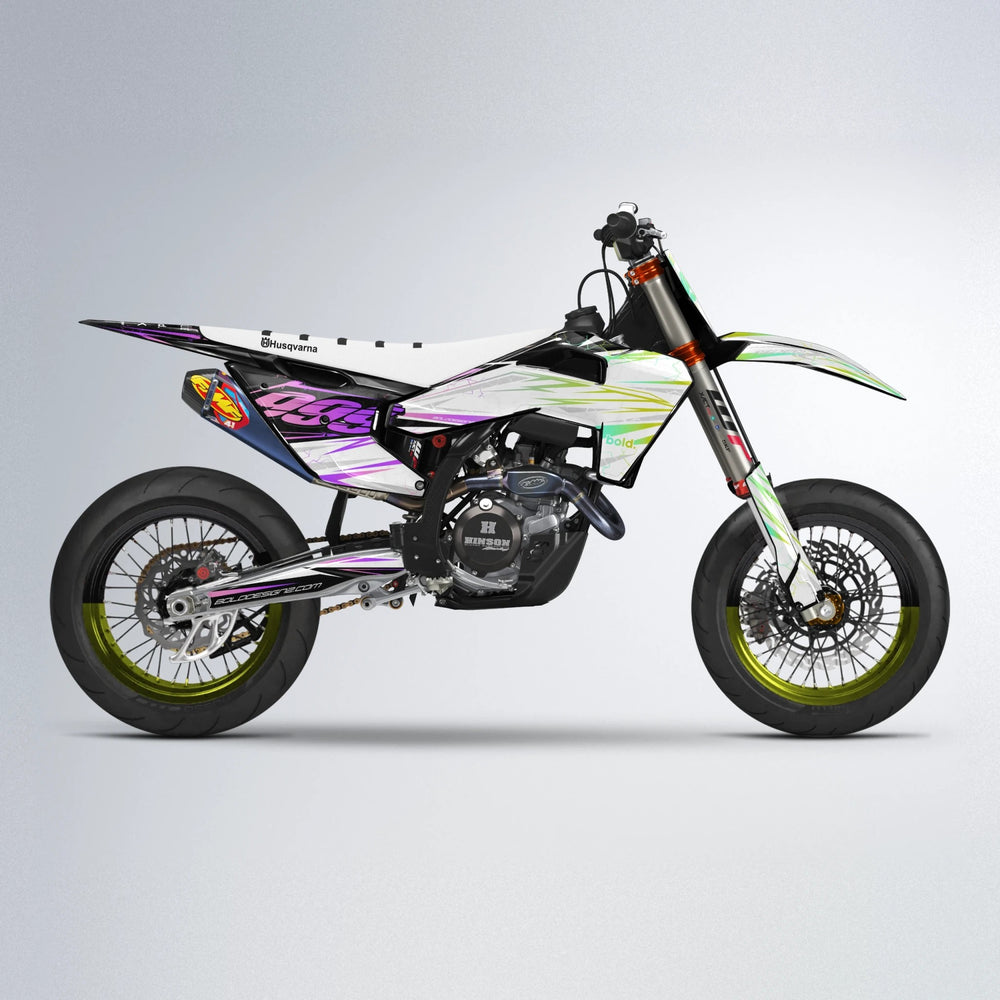 SUNRISE Husqvarna FE/TE supermoto graphics kit in Purple & Yellow