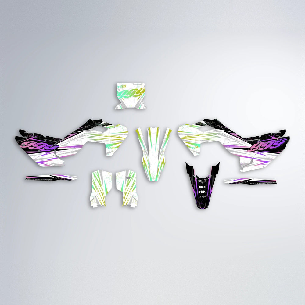 SUNRISE Husqvarna FE/TE graphics kit parts layout in Purple & Yellow