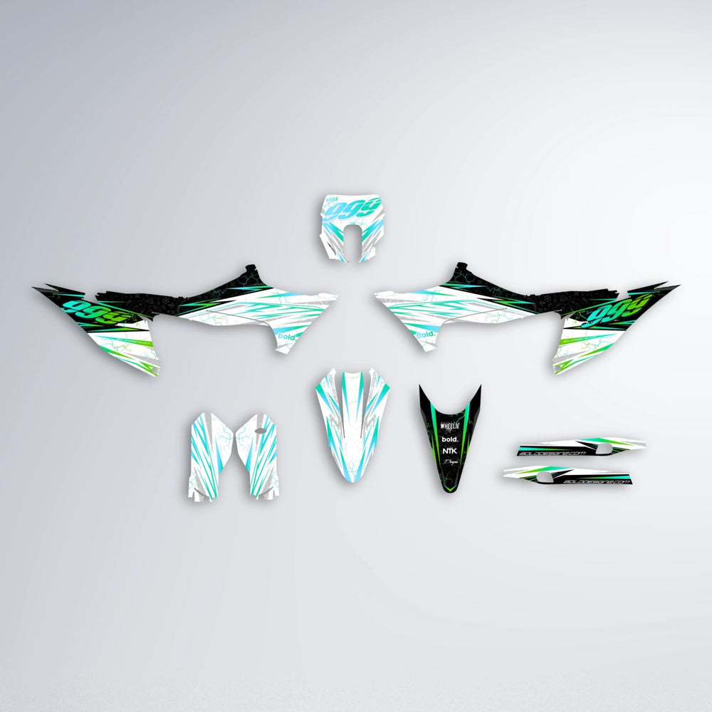 SUNRISE Stark Varg MX graphics kit parts layout in Cyan & Green