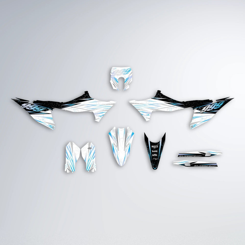 SUNRISE Stark Varg MX graphics kit parts layout in Light Blue & White