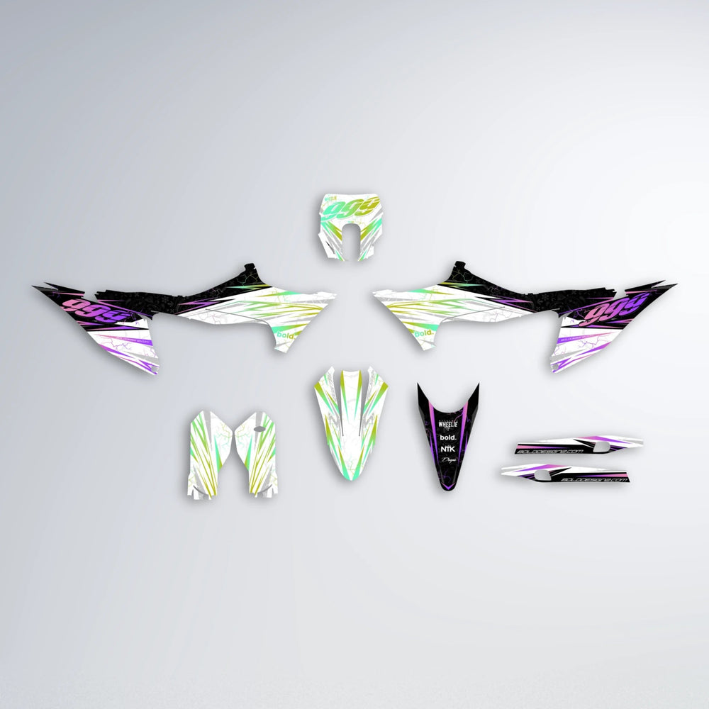 SUNRISE Stark Varg MX graphics kit parts layout in Purple & Yellow