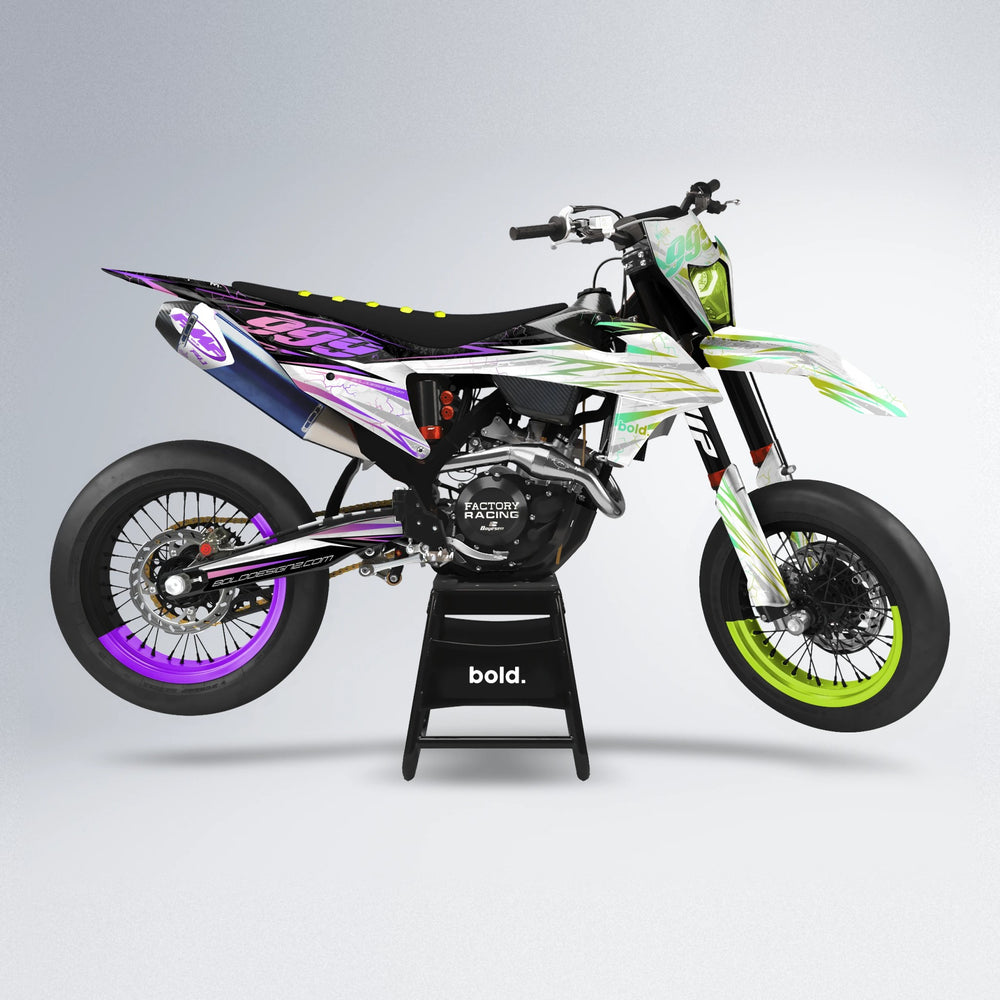 SUNRISE supermoto graphics kit in Purple & Fluo Yellow