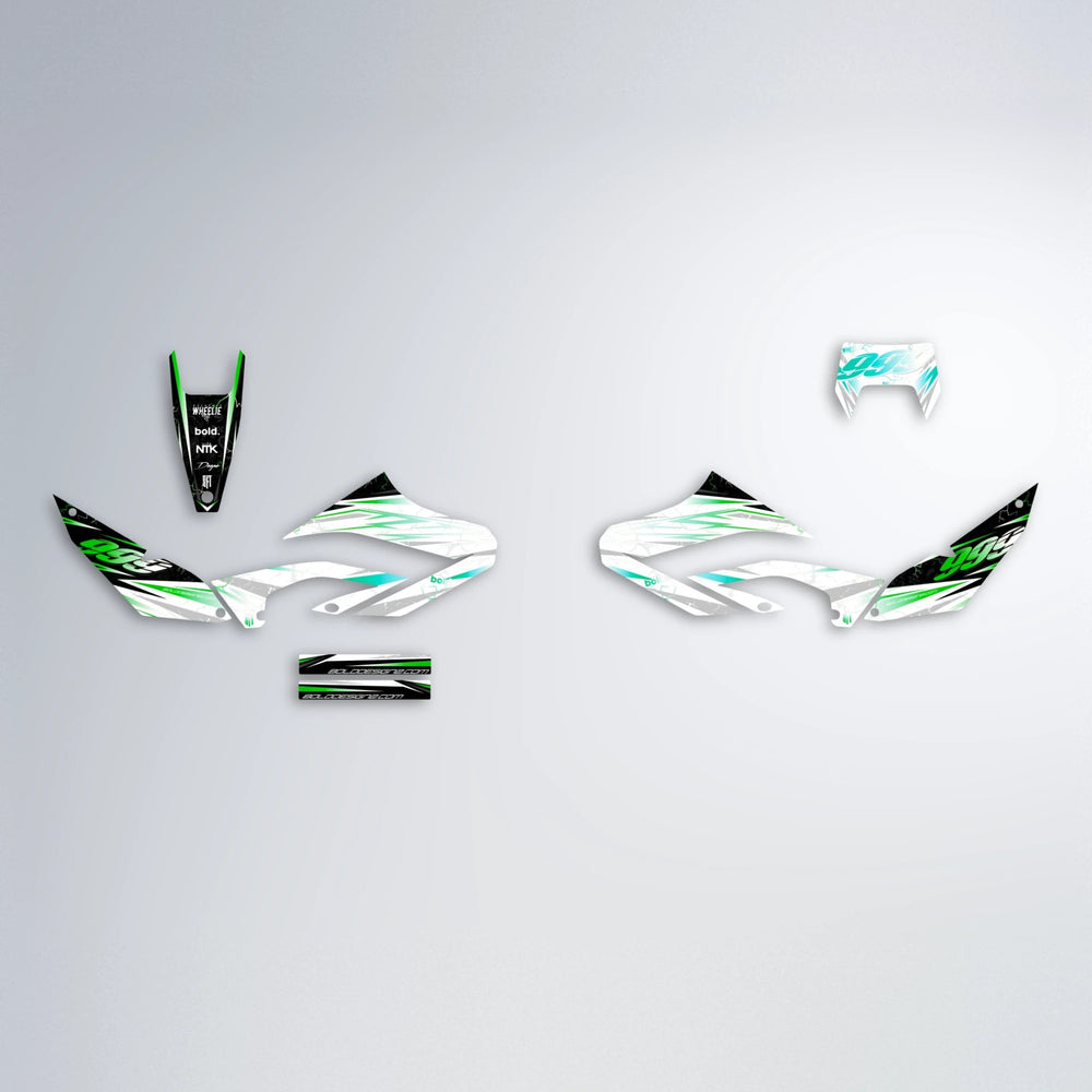 SUNRISE Yamaha WR 125X graphics kit parts layout in Cyan & Green