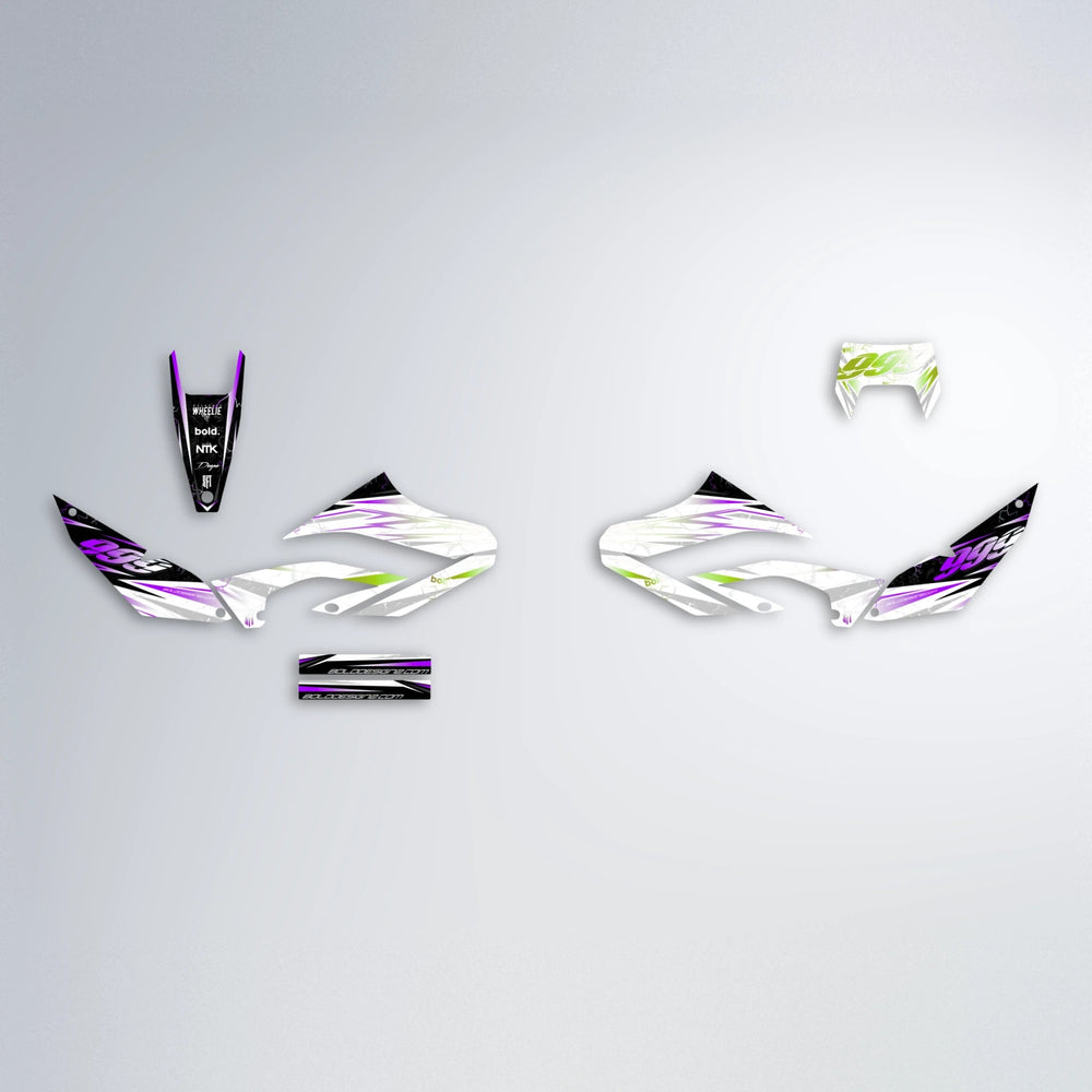 SUNRISE Yamaha WR 125X graphics kit parts layout in Purple & Yellow