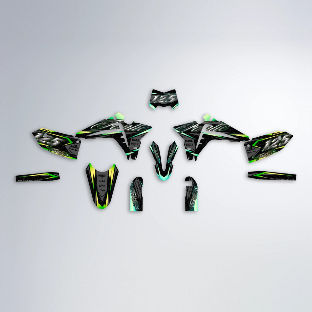 TASK Fantic graphics kit parts layout in Cyan & Green