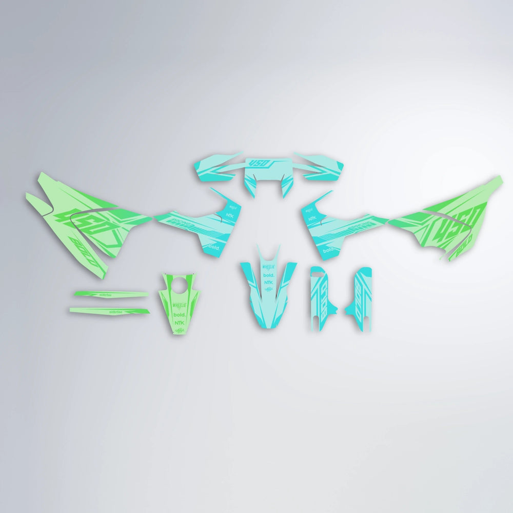 TEMPEST Husqvarna 701 graphics kit parts layout in Cyan & Green
