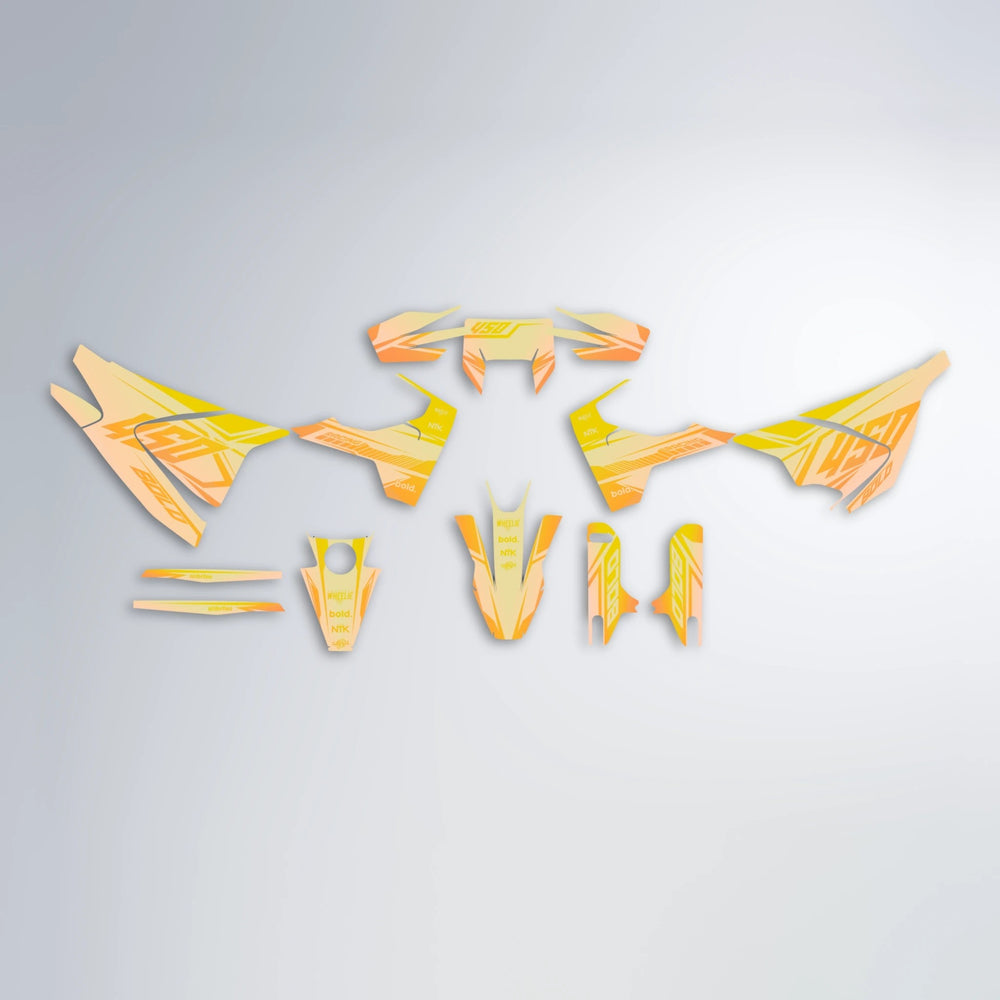 TEMPEST Husqvarna 701 graphics kit parts layout in Orange & Yellow