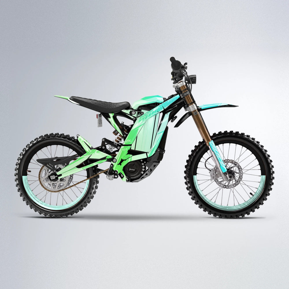 TEMPEST Sur-Ron Light Bee motocross graphics kit in Cyan & Green