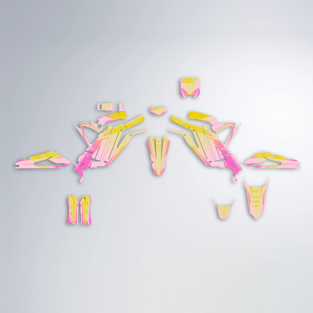 TEMPEST Sur-Ron Light Bee graphics kit parts layout in Pink & Yellow