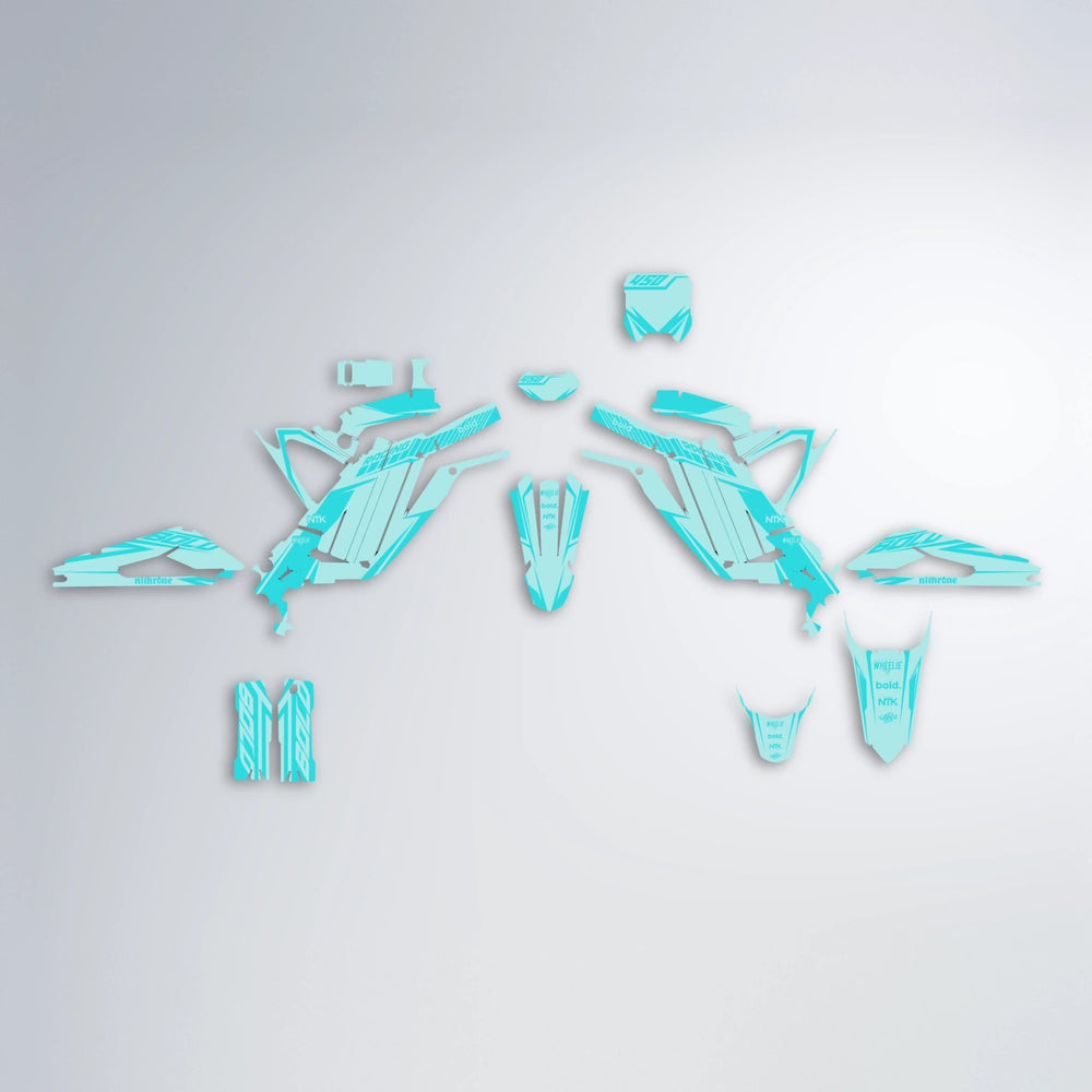 TEMPEST Sur-Ron Light Bee graphics kit parts layout in Teal