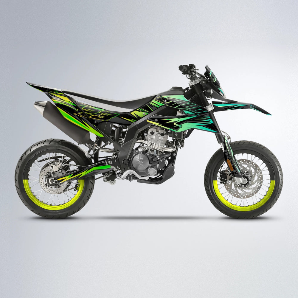 THUNDERSTRUCK Aprilia SX 125 supermoto graphics kit in Cyan & Green