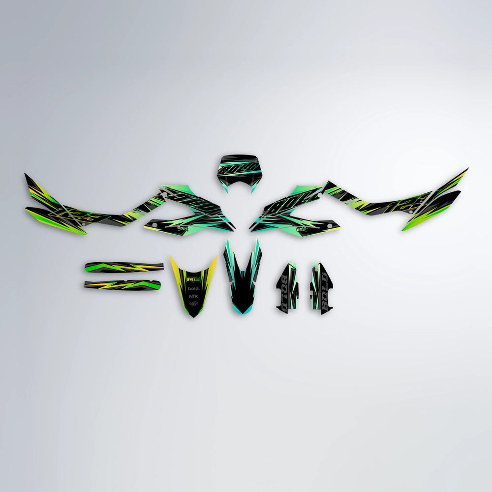 THUNDERSTRUCK Aprilia SX 125 graphics kit parts layout in Cyan & Green