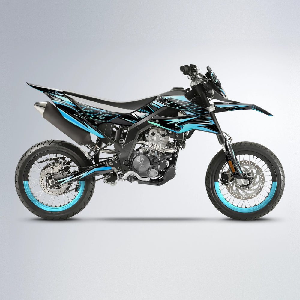THUNDERSTRUCK Aprilia SX 125 supermoto graphics kit in Light Blue & White