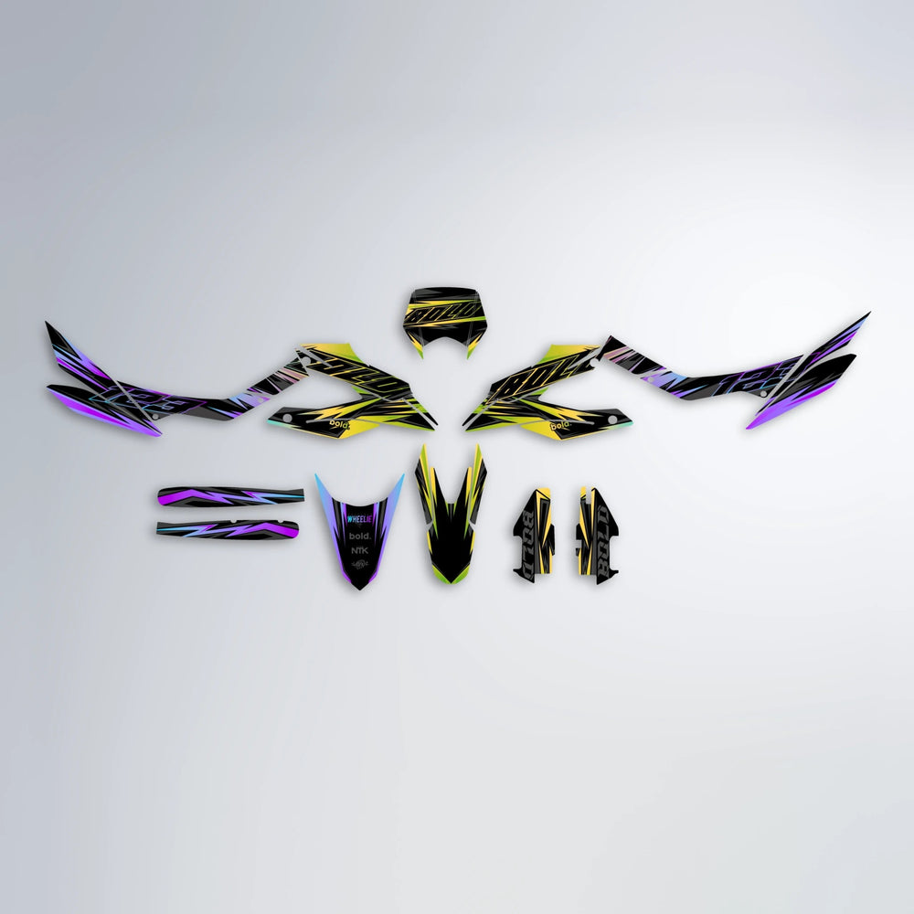 THUNDERSTRUCK Aprilia SX 125 graphics kit parts layout in Purple & Yellow