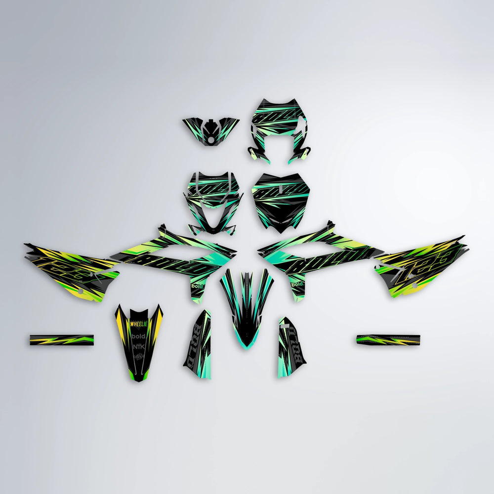 THUNDERSTRUCK Beta graphics kit parts layout in Cyan & Green