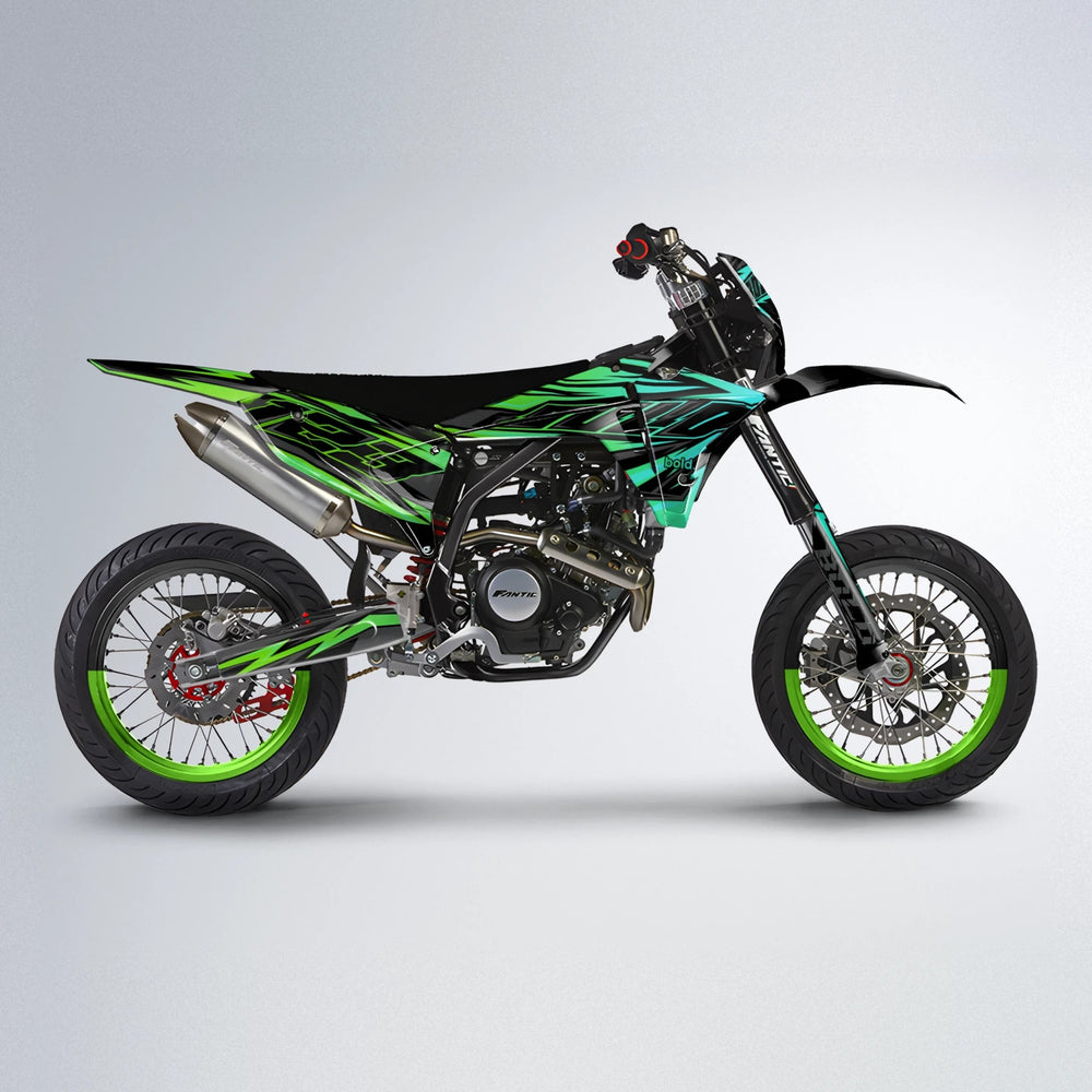 THUNDERSTRUCK Fantic supermoto graphics kit in Cyan & Green