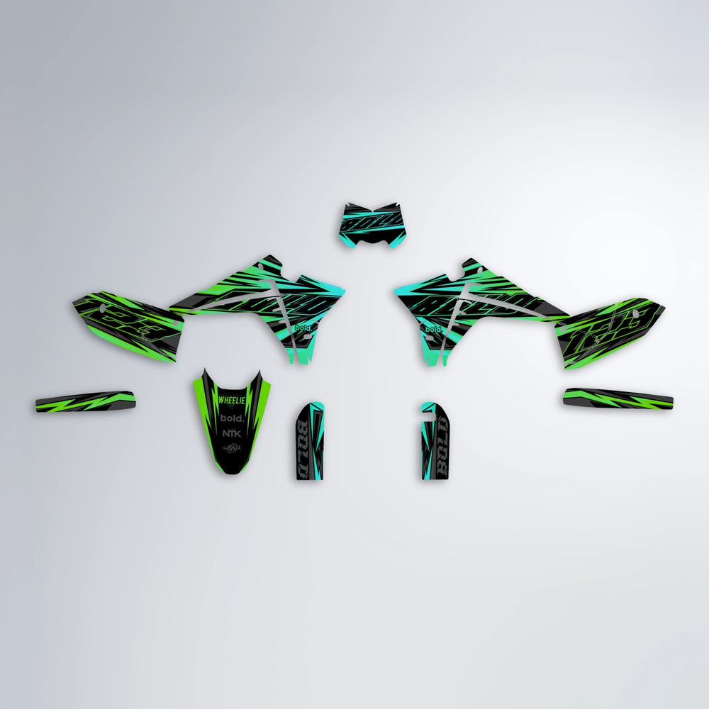THUNDERSTRUCK Fantic graphics kit parts layout in Cyan & Green