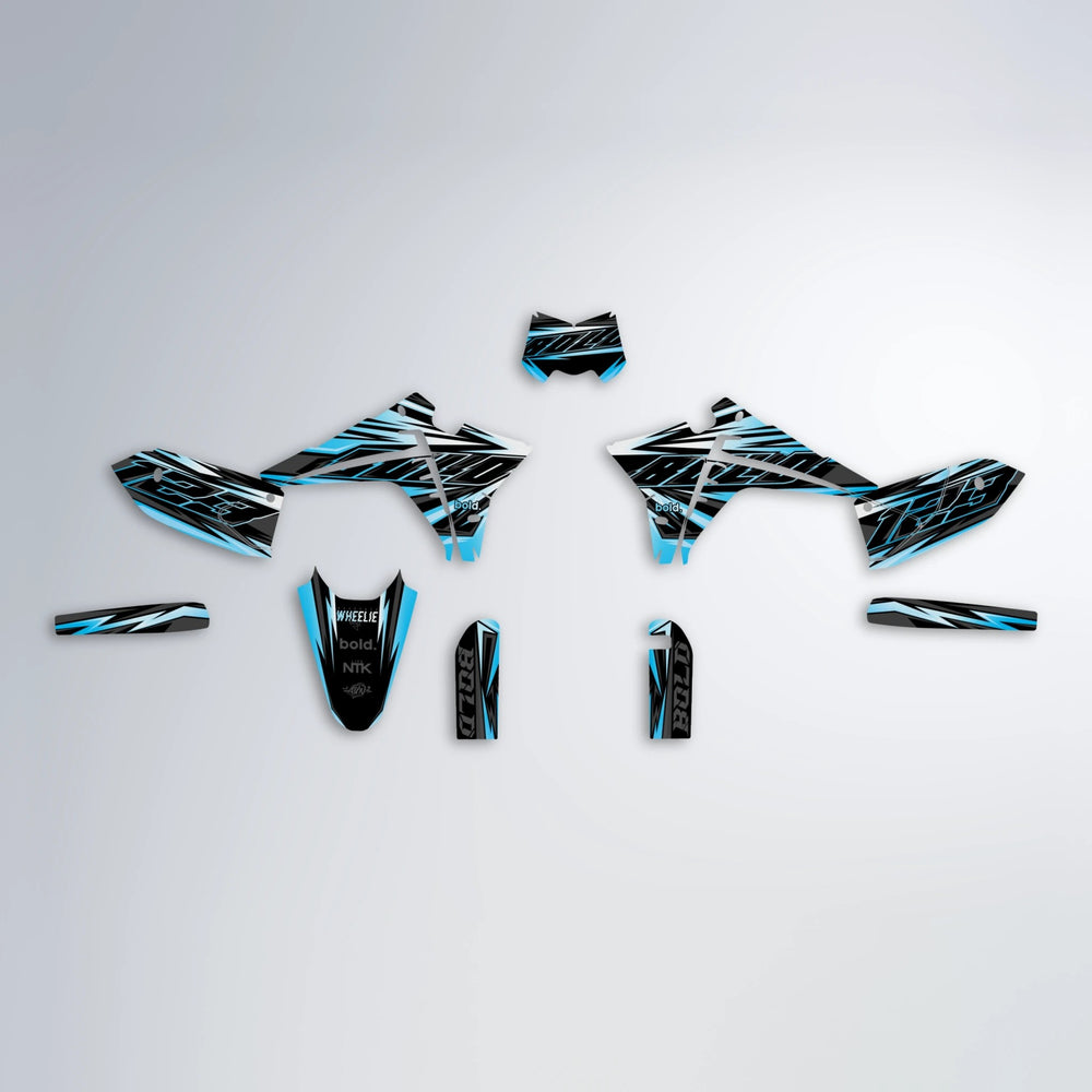 THUNDERSTRUCK Fantic graphics kit parts layout in Light Blue & White