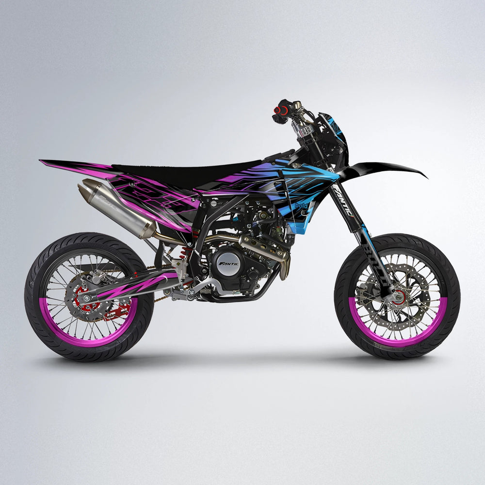 THUNDERSTRUCK Fantic supermoto graphics kit in Pink & Light Blue