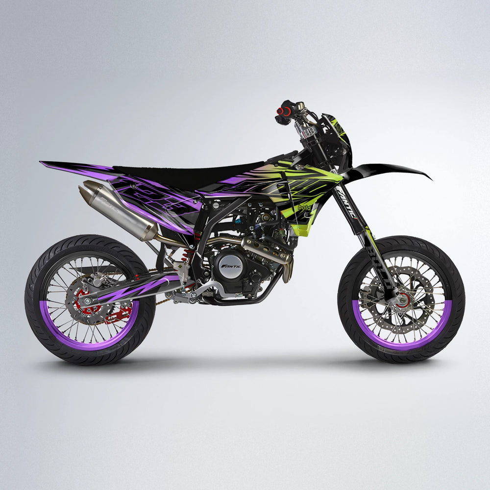 THUNDERSTRUCK Fantic supermoto graphics kit in Purple & Yellow