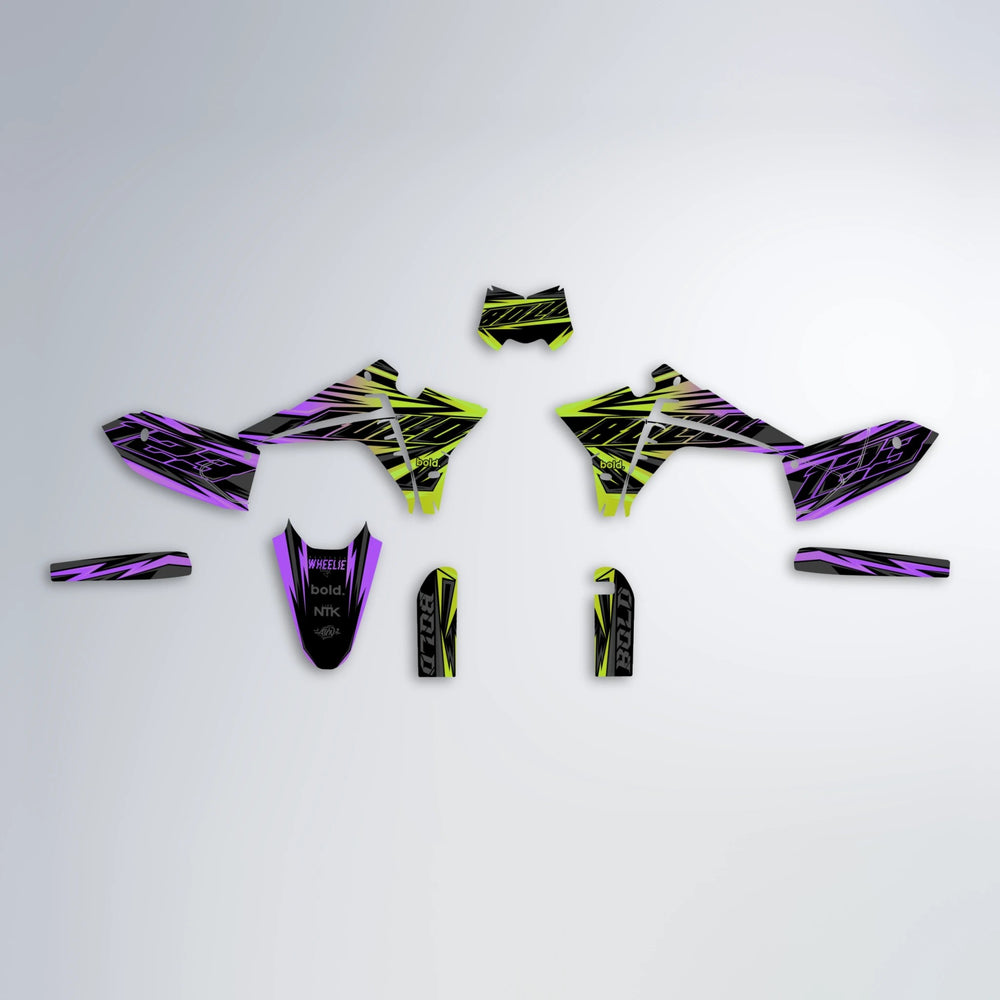 THUNDERSTRUCK Fantic graphics kit parts layout in Purple & Yellow