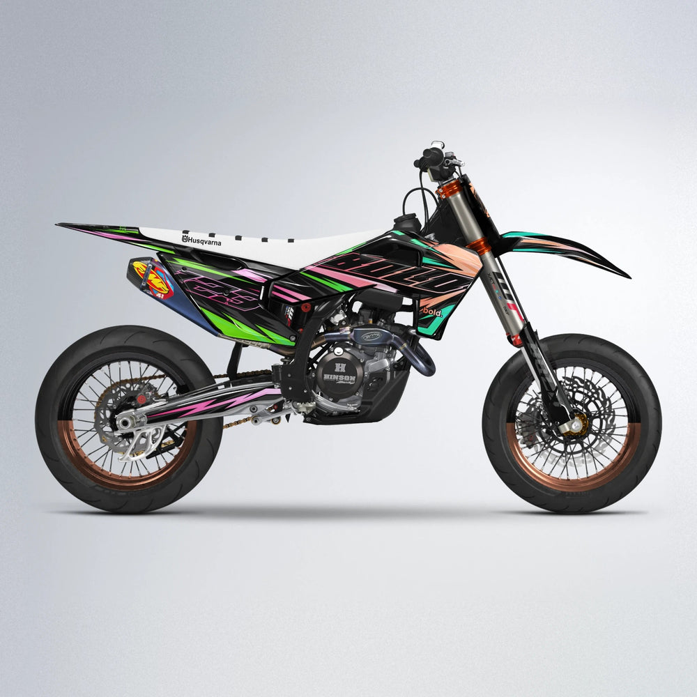 THUNDERSTRUCK Husqvarna FE/TE supermoto graphics kit in Cyan & Green