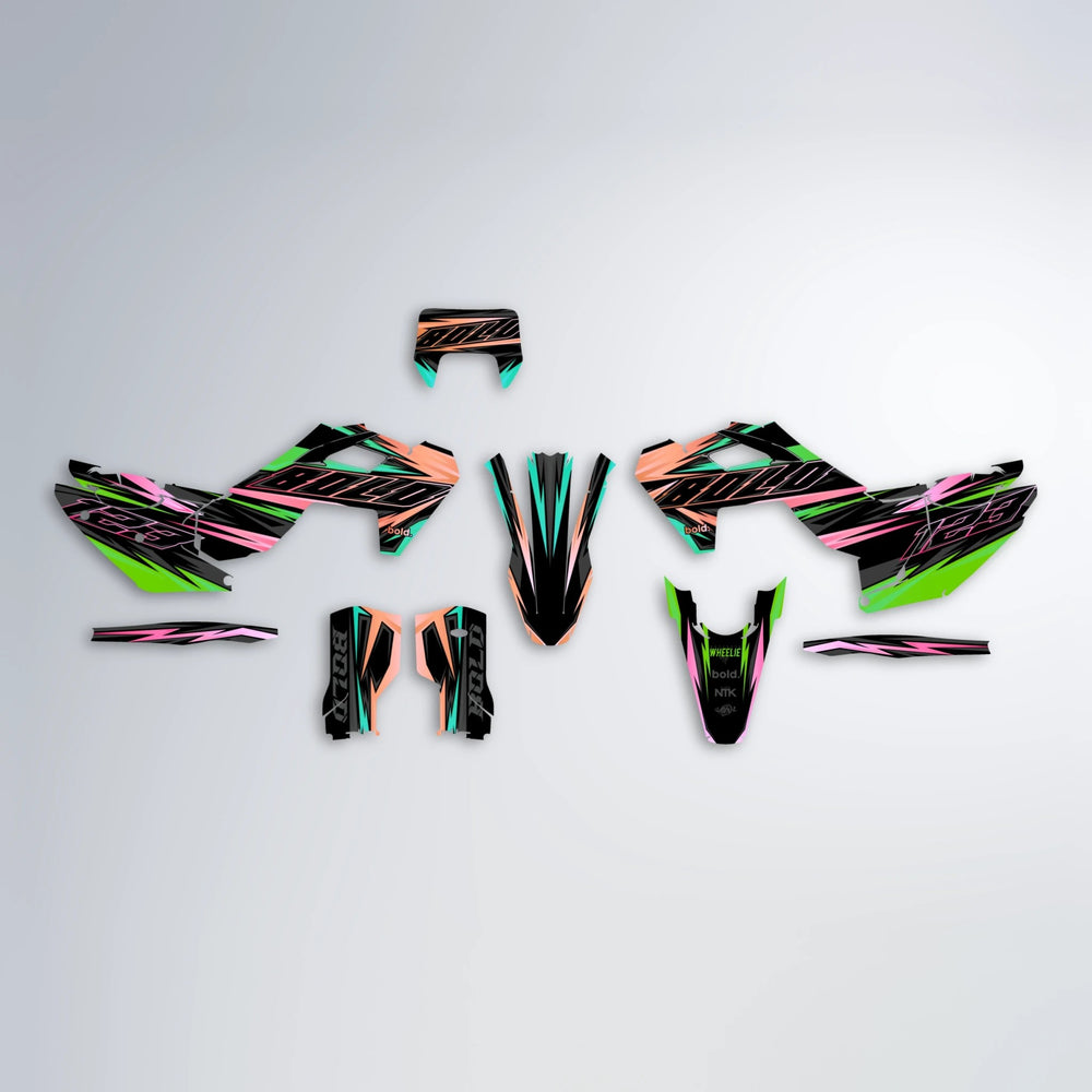 THUNDERSTRUCK Husqvarna FE/TE graphics kit parts layout in Cyan & Green