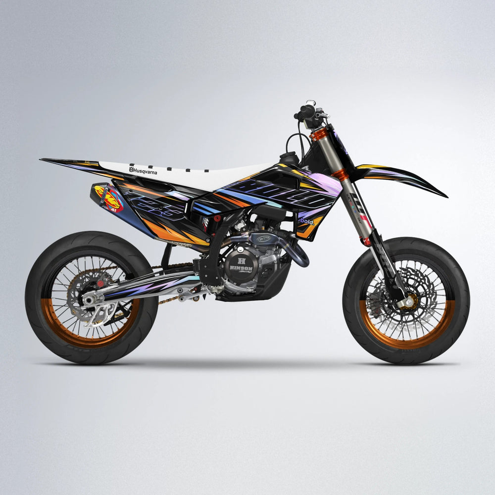 THUNDERSTRUCK Husqvarna FE/TE supermoto graphics kit in Orange & Yellow