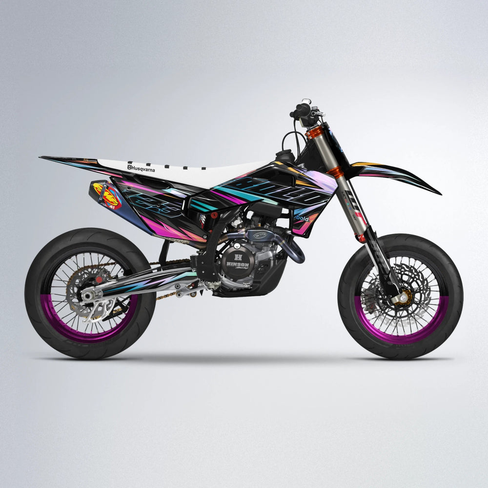 THUNDERSTRUCK Husqvarna FE/TE supermoto graphics kit in Pink & Yellow