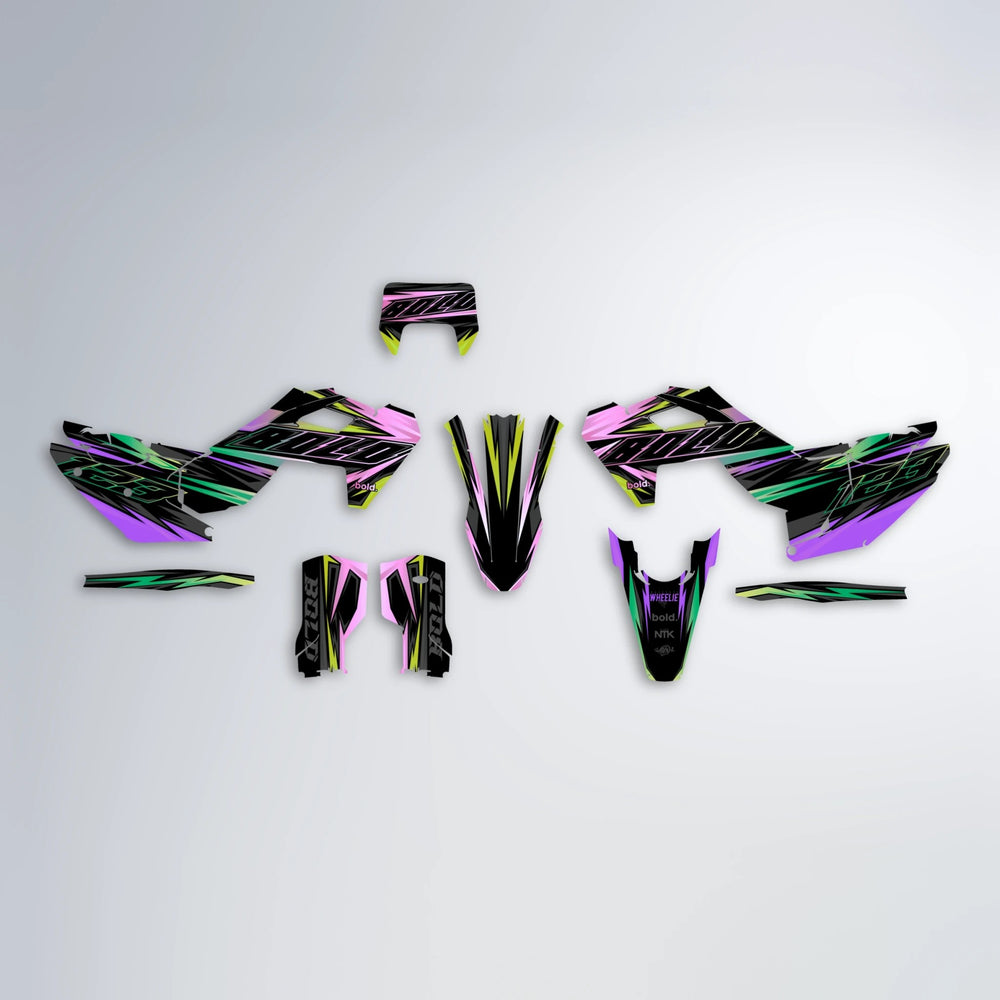 THUNDERSTRUCK Husqvarna FE/TE graphics kit parts layout in Purple & Yellow