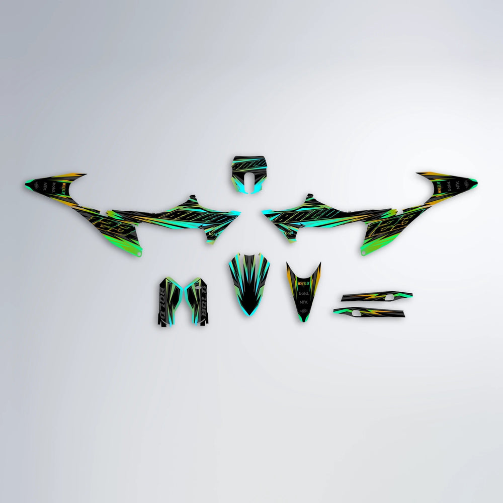 THUNDERSTRUCK Stark Varg MX graphics kit parts layout in Cyan & Green