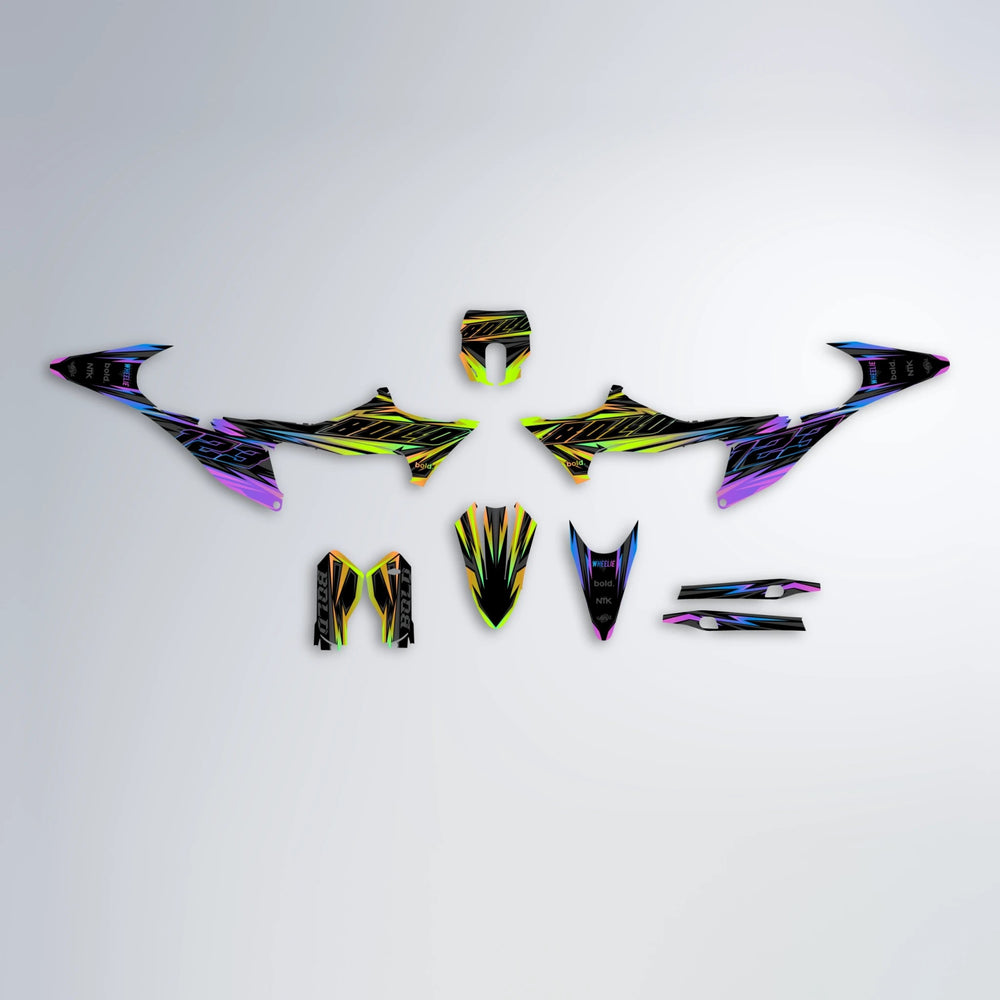 THUNDERSTRUCK Stark Varg MX graphics kit parts layout in Purple & Yellow