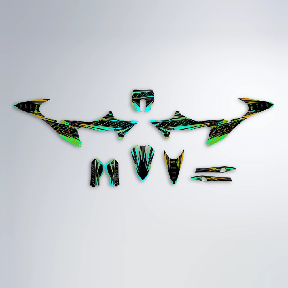 THUNDERSTRUCK Stark Varg SM graphics kit parts layout in Cyan & Green