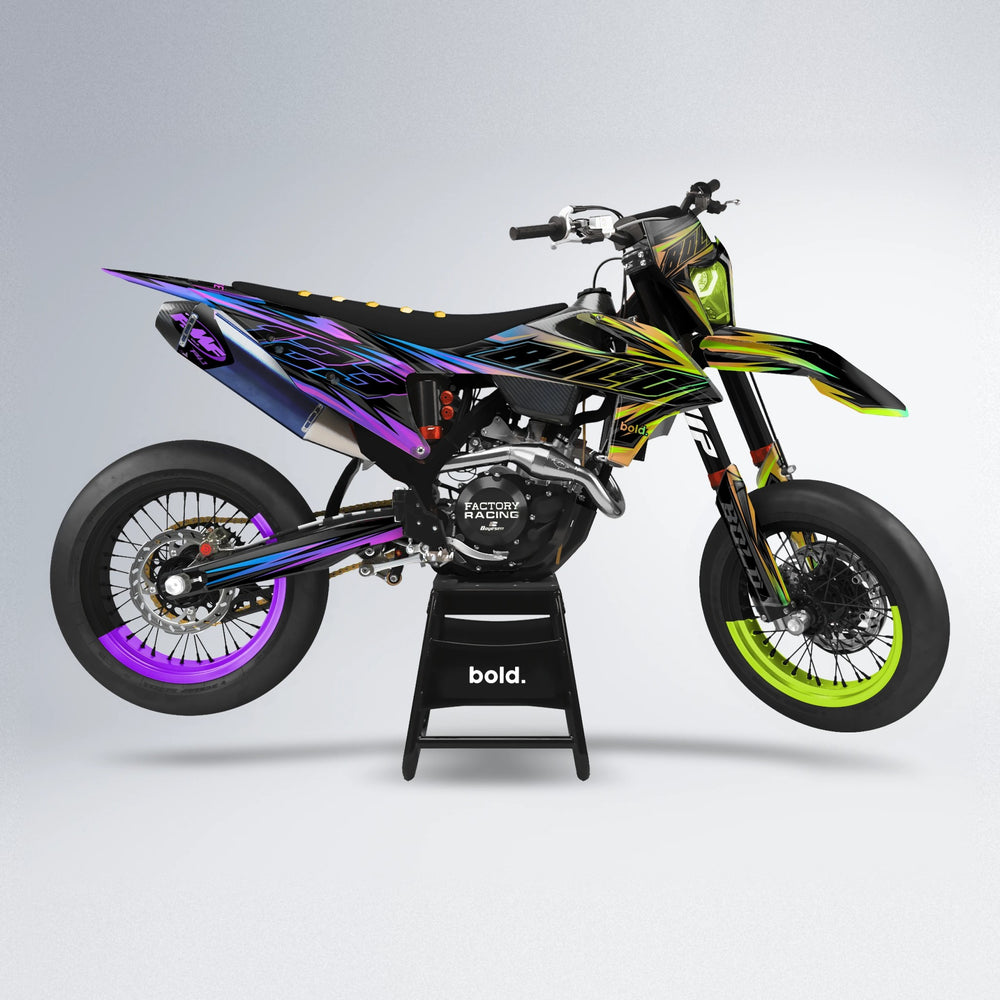 THUNDERSTRUCK supermoto graphics kit in Purple & Yellow