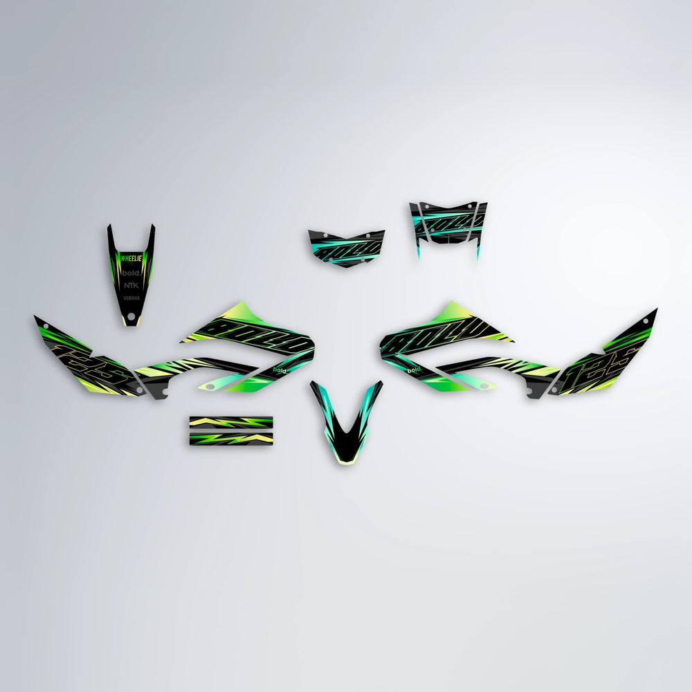 THUNDERSTRUCK Yamaha WR 125X graphics kit parts layout in Cyan & Green