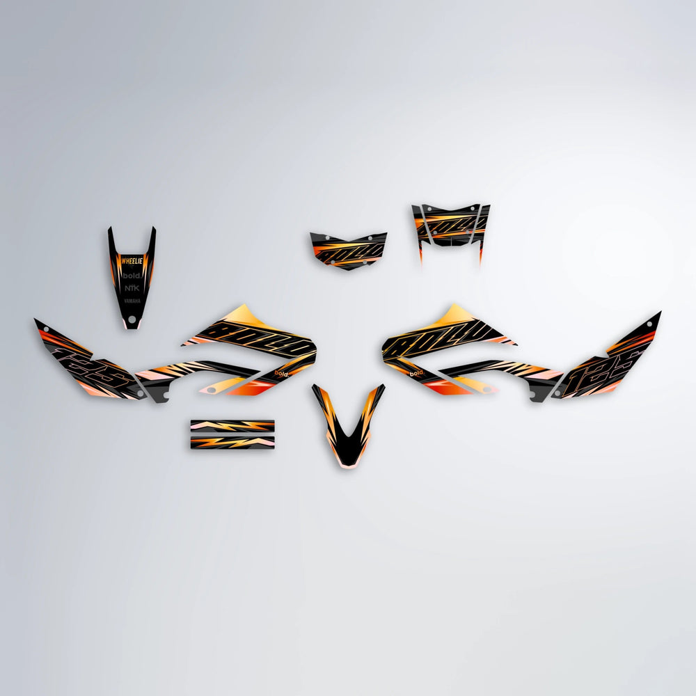 THUNDERSTRUCK Yamaha WR 125X graphics kit parts layout in Orange & Yellow