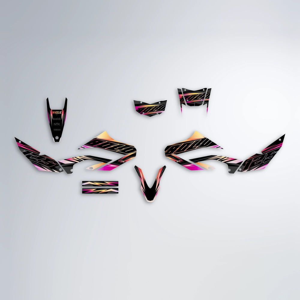 THUNDERSTRUCK Yamaha WR 125X graphics kit parts layout in Pink & Yellow