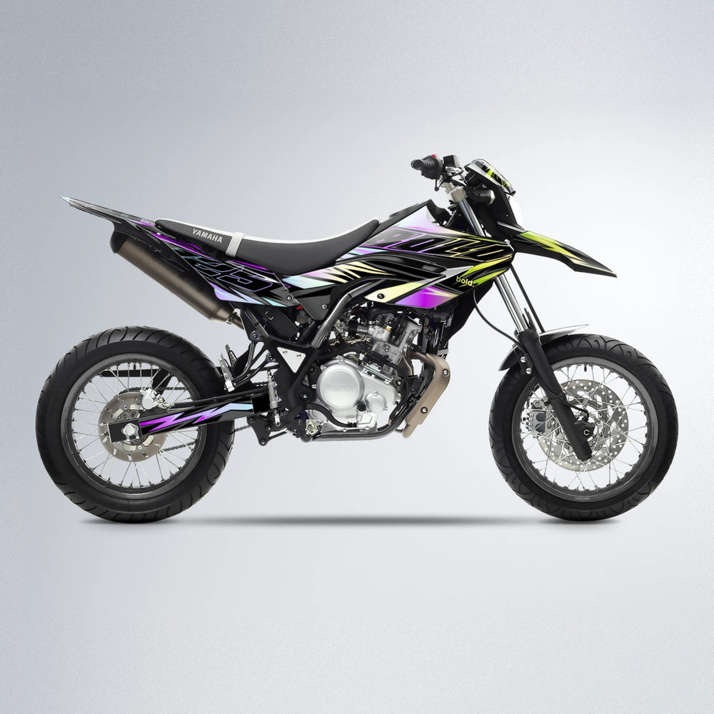 THUNDERSTRUCK Yamaha WR 125X supermoto graphics kit in Purple & Yellow